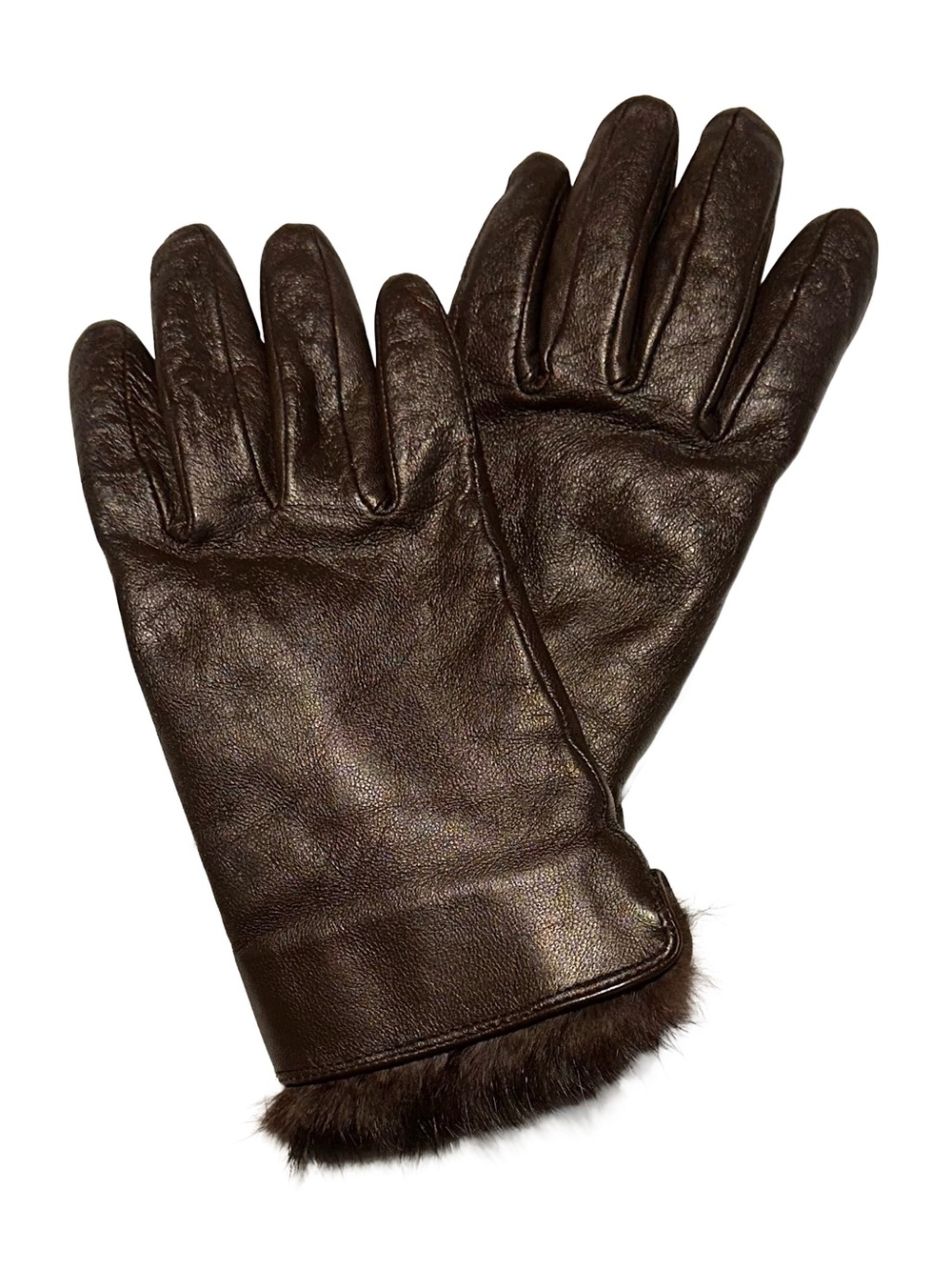 Brown Leather Mink Fur Trim Winter Gloves Size 7.5